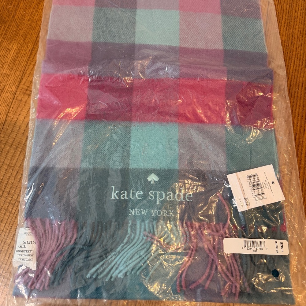 Kate Spade Festive Check Wool Cashmere Oblong Scarf-Brand NEW